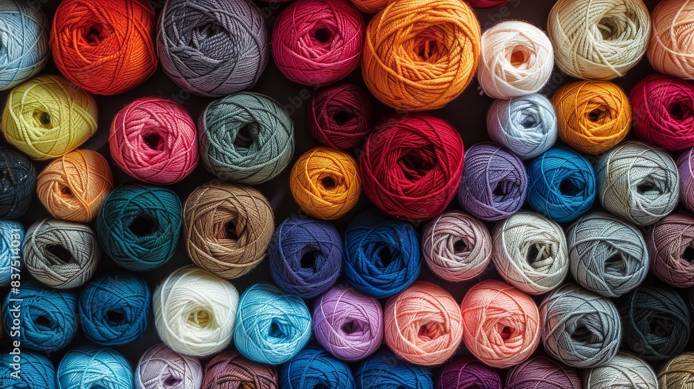 Poster Assorted colorful yarn rolls neatly aligned - Top view of an array of colorful yarn rolls arranged neatly, showcasing a vibrant palette of craft materials
