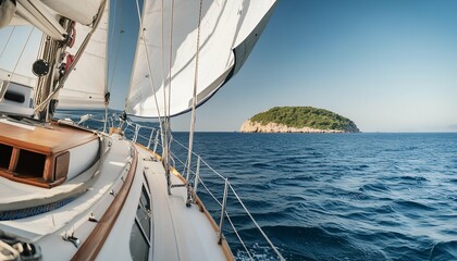 Fototapeta premium A sailing yacht cruising on the open sea with a view of distant islands. The clear blue water and sky create a perfect day for sailing, evoking a sense of adventure and freedom. 
