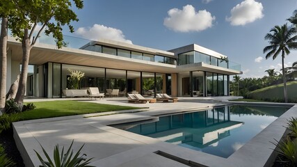 luxury home with a pool in the morning