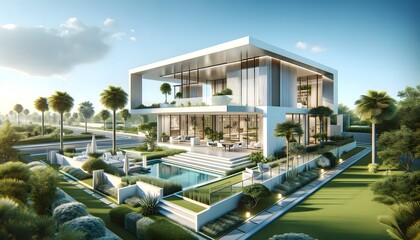 luxury home with a pool in the morning