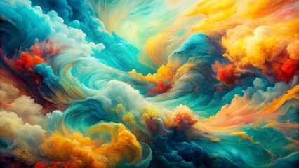 Vibrant swirling clouds of turquoise, coral, and sunny yellow dance across a textured canvas, evoking feelings of joy and creative expression.