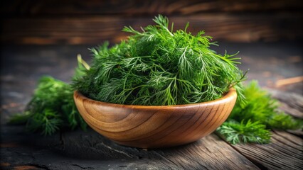 Freshly cut dill weed overflowing from a rustic wooden bowl, situated on a dark, textured table, evoking a sense of rustic elegance and culinary sophistication.