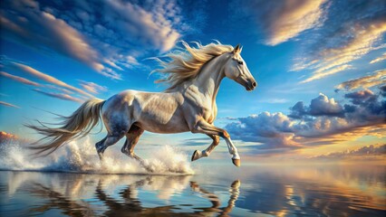 A majestic horse, intricately drawn in a whimsical style, gallops effortlessly across rippling water, its mane flowing in the wind, surrounded by serene blue skies.