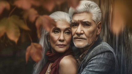 Obraz premium An elderly couple hug each other outside