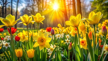 Obraz premium Vibrant yellow petals of daffodils and tulips sway gently amidst lush green foliage in a serene and idyllic sun-kissed garden setting.