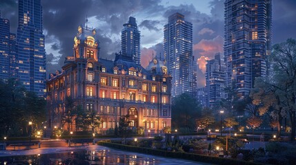 Obraz premium The modern city skyline forms a striking urban cityscape, with its architecture providing a dynamic background to the bustling streets