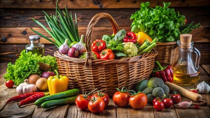 Fresh vegetables overflowing from a wicker basket on a rustic wooden table, surrounded by artisanal utensils and a partially prepared healthy salad.