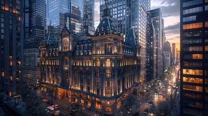 Obraz premium The modern city skyline forms a striking urban cityscape, with its architecture providing a dynamic background to the bustling streets