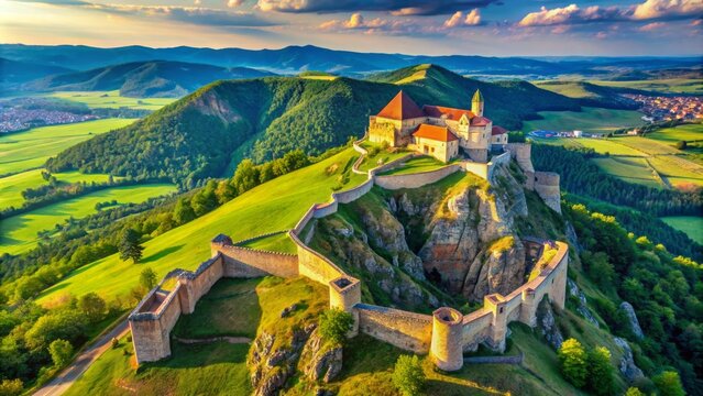 Aerial view of medieval rupea fortress perched on a rugged basalt cliff, surrounded by rolling hills and lush green forests in brasov, transylvania, romania.