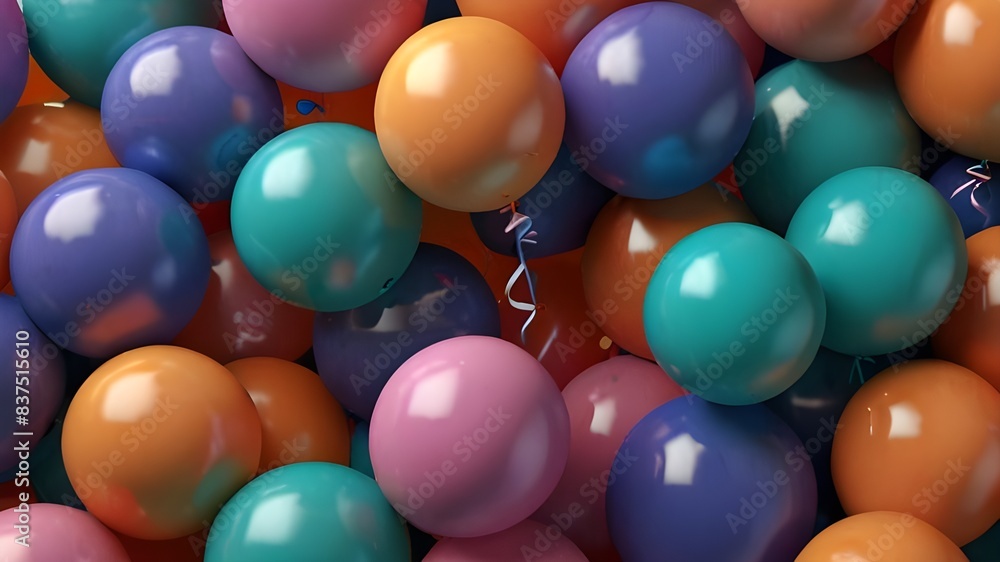Poster 3d render, abstract background with assorted colorful bubbles and balloons stuck together. simple ge