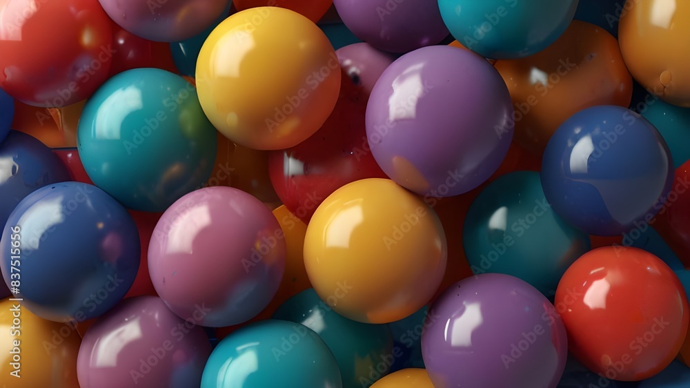 Poster 3d render, abstract background with assorted colorful bubbles and balloons stuck together. simple ge