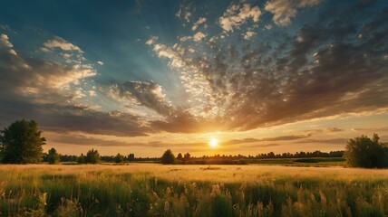 Beautiful natural panoramic countryside landscape. Blooming wild high grass in nature at sunset warm summer. Pastoral scenery. Selective focusing on the foreground - Powered by Adobe