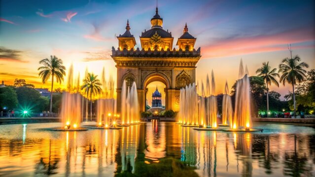 Golden light illuminates majestic patuxai monument in vientiane laos as dusk falls, with beautifully lit fountain water dancing in front, serene atmosphere prevails.