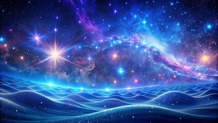 Fototapeta premium Vibrant blue and purple undulating wave of light illuminates a dark starry night sky, bursting with sparkling celestial bodies and shimmering stardust.
