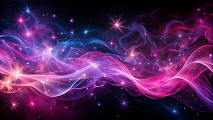 Fototapeta premium Vibrant pink and purple smoke waves undulate on a starry black background, twinkling with sparkles, evoking a sense of magical celestial wonder and cosmic energy.