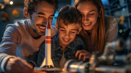 Obraz premium a family building a model rocket together, all smiling and engaged