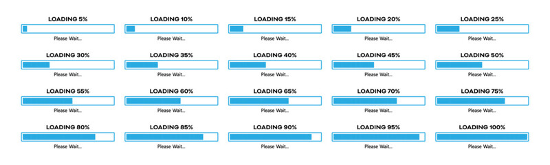 Loading please wait progress bar set with 0-100% in blue color. Percentage loading bar infographic icon set 5-100% in blue color. Set of percentage loading bar 10%, 20%, 50%, 70, 90%, 100% icon