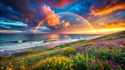 Obraz premium Vibrant rainbow stretches across serene sunset sky above unbridled sea waves, amidst swaying wildflowers and lush green fields, capturing nature's kaleidoscopic beauty.