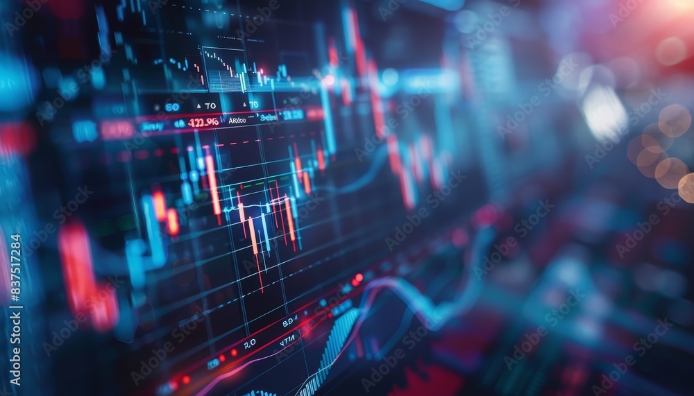 Poster dynamic financial market data display with graphs and charts in vibrant colors representing stock ma