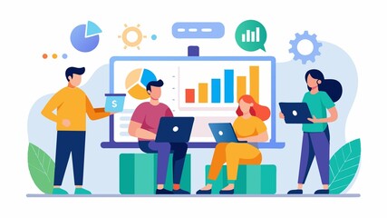 Obraz premium A young and diverse European team gathers around a table, brimming with energy. One member presents data-driven strategies on a whiteboard chart, propelling them towards success.