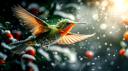 Fototapeta premium A bird with a green body and red beak flying in the snow. The bird is surrounded by snowflakes and berries