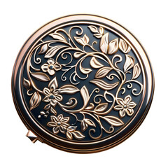 Elegant vintage compact mirror with intricate floral design on a transparent background, perfect for makeup and accessory enthusiasts.