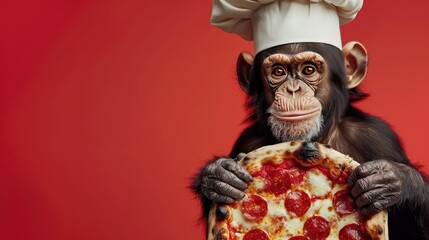 Chimpanzee Chef Holding Pepperoni Pizza Against Red Background - Fun and Whimsical Stock Photo