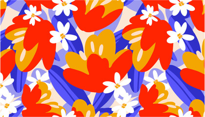 Seamless Flowers pattern  with bright colours in flat style, botanic, decor for textile, packaging, clothing, cover, wallpaper, banner, fabric, background, vector