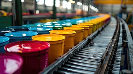 Obraz premium Colorful Paint Buckets on Automated Conveyor Belt in Modern Industrial Factory