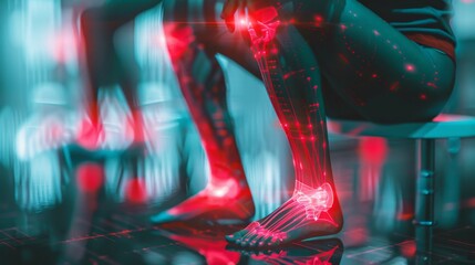 a person with knee pain, with a double exposure of a pain chart and red hologram
