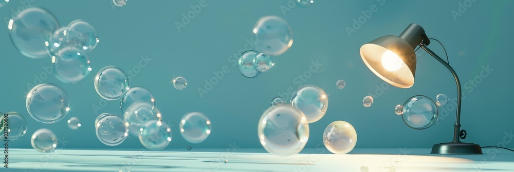 Poster modern desk lamp illuminating a minimalist space with floating soap bubbles against a soft blue back