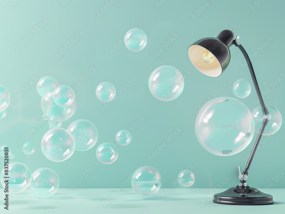 Poster modern black desk lamp with floating transparent bubbles against a soft teal background - minimalist
