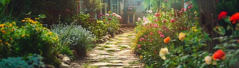 a colorful array of flowers, including orange and red, pink, and red - and - pink blooms, adorn a path in a garden