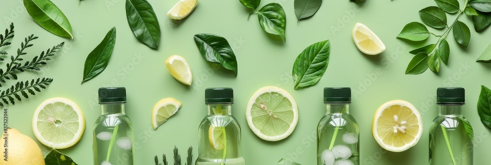 Aufkleber refreshing green lemonade bottles with ice and fresh lemon slices on green background with green lea