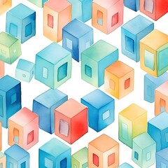 Fototapeta premium Vibrant Cubic House Pattern with Analogous Watercolor Scheme in Flat Design