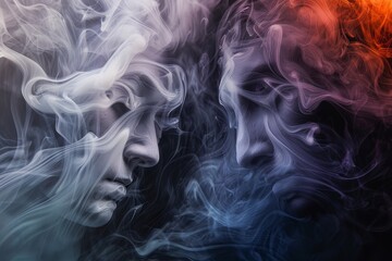 Fototapeta premium Abstract Artistic Portraits of Faces in Colorful Smoke Swirls - Surreal and Mystical Imagery with Ethereal and Dreamlike Atmosphere