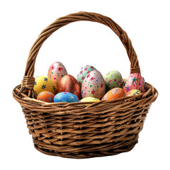 Colorful painted Easter eggs in a wicker basket, perfect for spring holiday celebrations and festive decorations. transparent backgrounds
