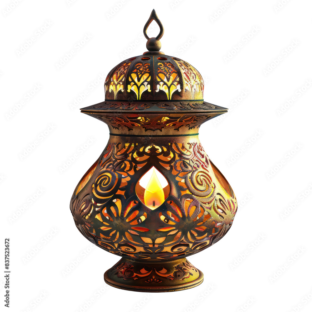 Poster intricately designed brass lantern with ornate patterns and a warm glowing light, perfect for adding