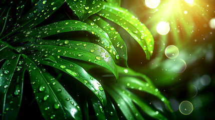A leafy green plant with droplets of water on it. The droplets are small and scattered, giving the impression of a light rain. The plant is surrounded by a bright green background