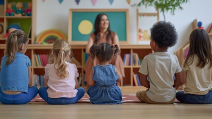 Young children sitting on the floor listening to a teacher in a classroom.