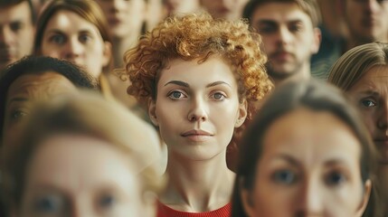 A woman with red hair stands in a crowd of people