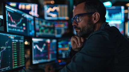 Obraz premium Trading analyst obscured by blur - A blurred face trading analyst staring at multiple financial charts and graphs on computer screens