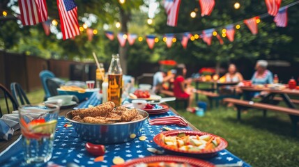 Vibrant 4th of July backyard party - A vibrant scene of a backyard party celebrating 4th of July, showcasing food and American flags on tables