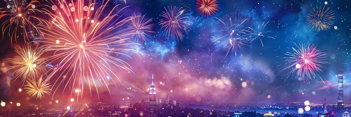Fototapeta premium Spectacular fireworks over skyline at twilight - A breathtaking view of fireworks lighting up the twilight sky above a city's architectural silhouette