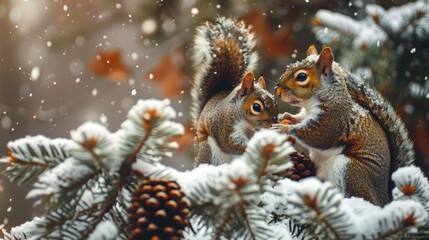 A squirrel family gathers pine cones among frost-covered trees, with the intricate details of the snowflakes and the warm hues of their fur painting a picture of life thriving in the cold.