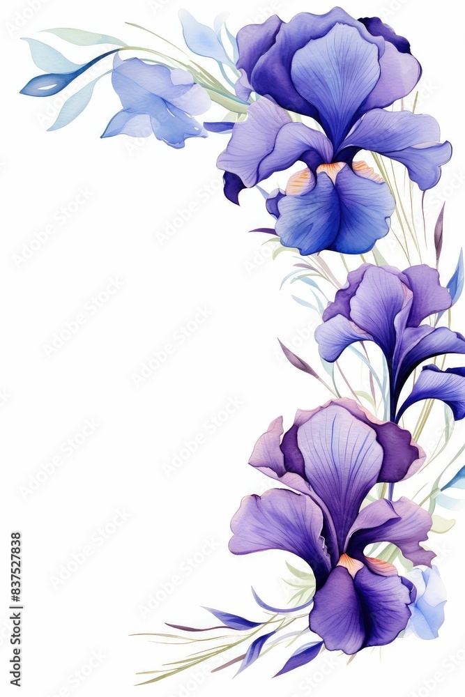 Sticker iris themed frame or border for photos and text. with intricate purple and blue blooms. watercolor illustration, white color background.