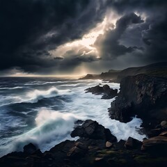 Obraz premium Dramatic photo of a storm brewing over a rugged coastline with crashing waves