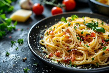 Closeup of a plate of spaghetti carbonara with fresh ingredients, top view, showcasing delicious Italian cuisine, culinary tone, vivid