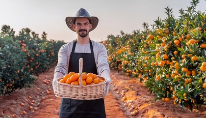 Close up of plastic box full of ripe mandarins and man on plantation on background