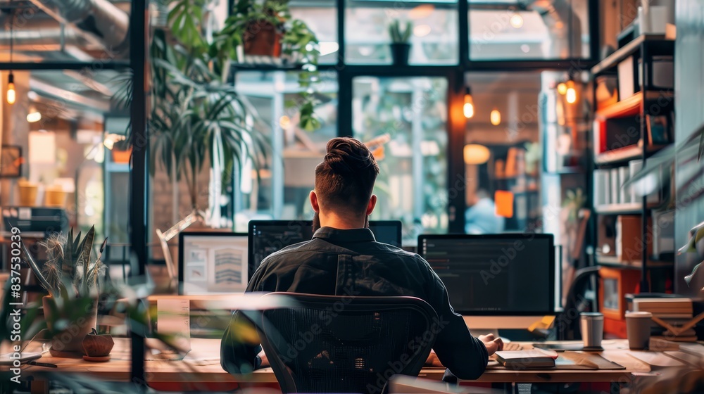 Poster man working in a modern office space - a back view of a man sitting at a computer desk in a contempo